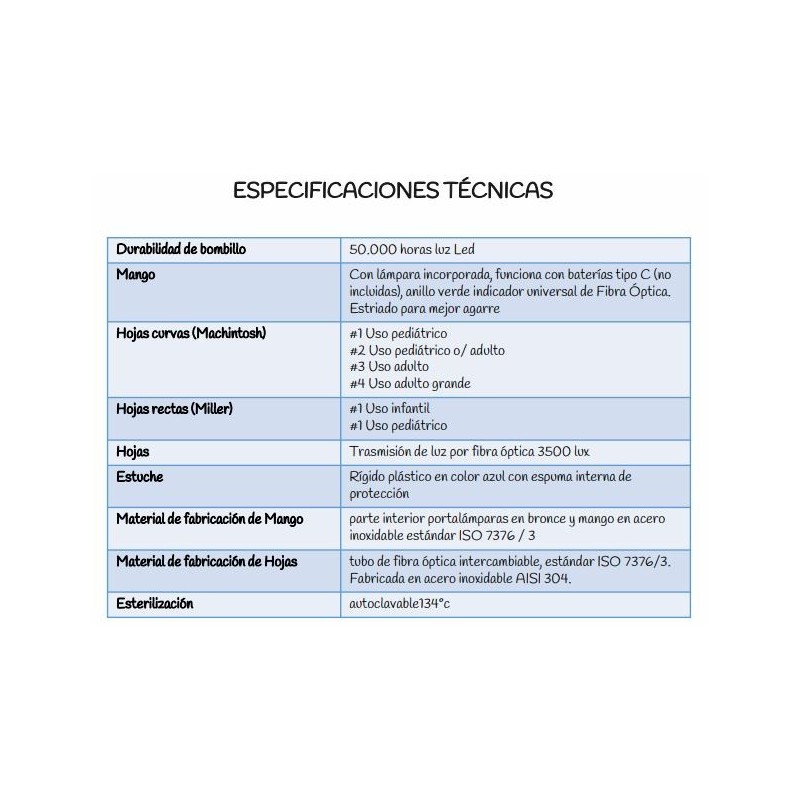 SET DE LARINGOSCOPIO LUZ LED CON HOJAS Y ESTUCHE